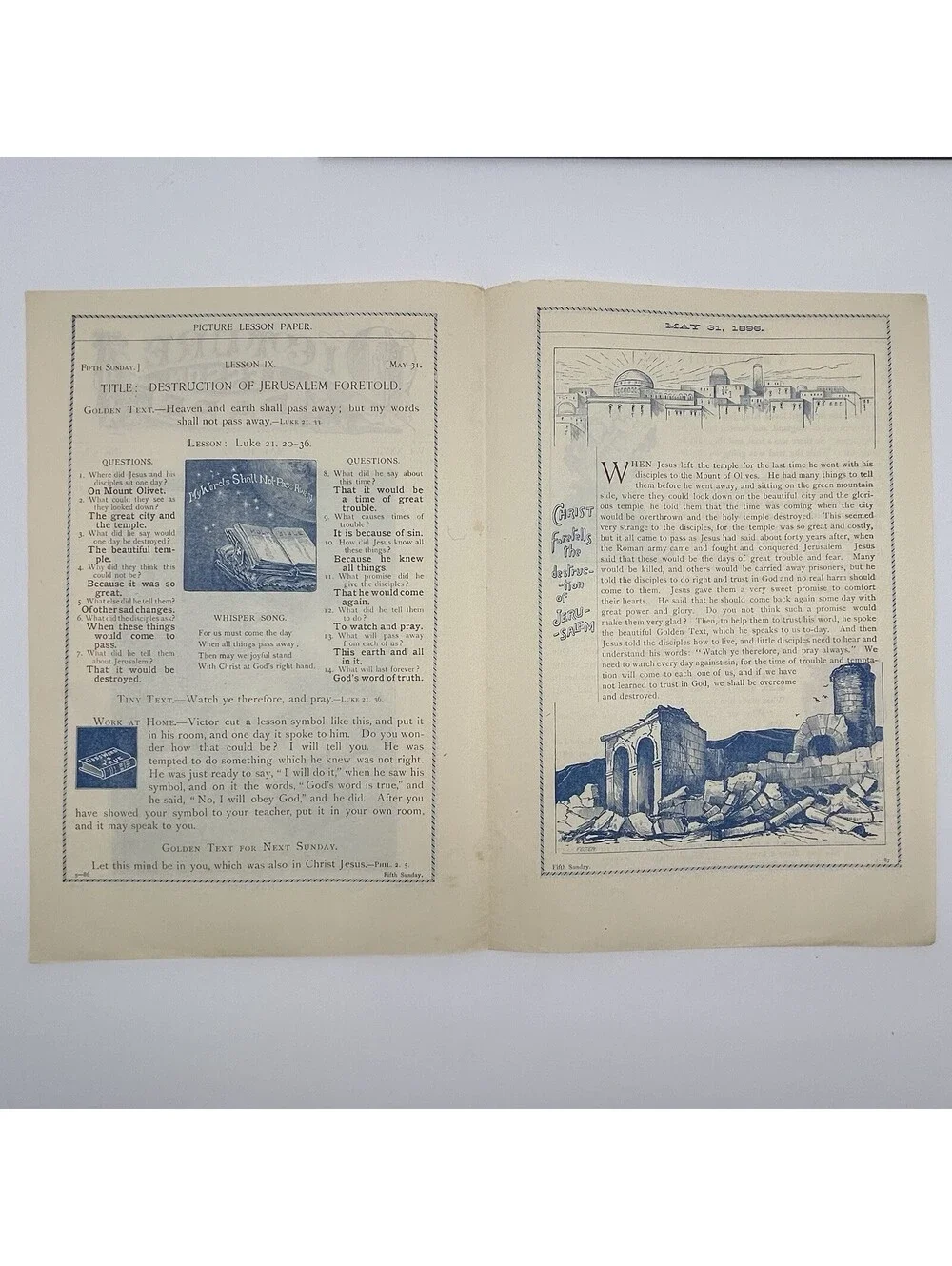 1896 Picture Lesson Paper Antique Sunday School Illustrated Ephemera May 31  C16